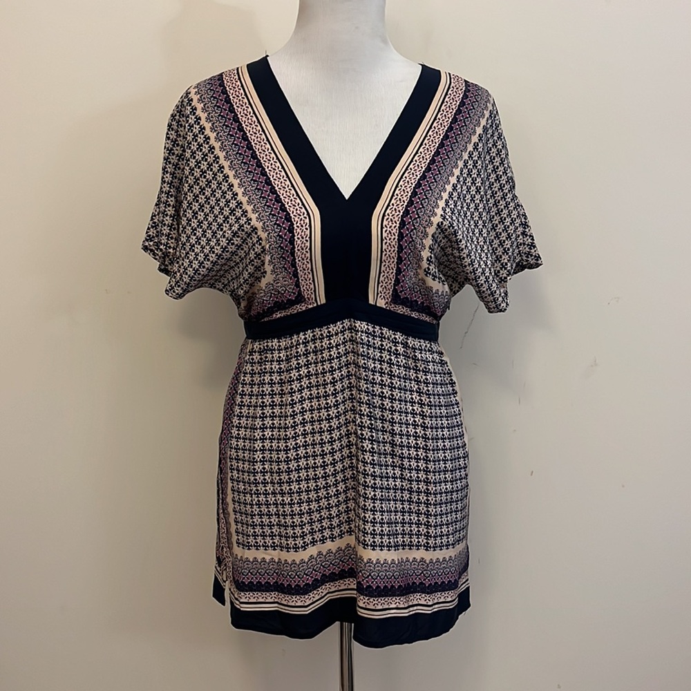Anthropologie Meadow Rue Cottagecore Cream Purple & Navy Silk Blouse Size Small